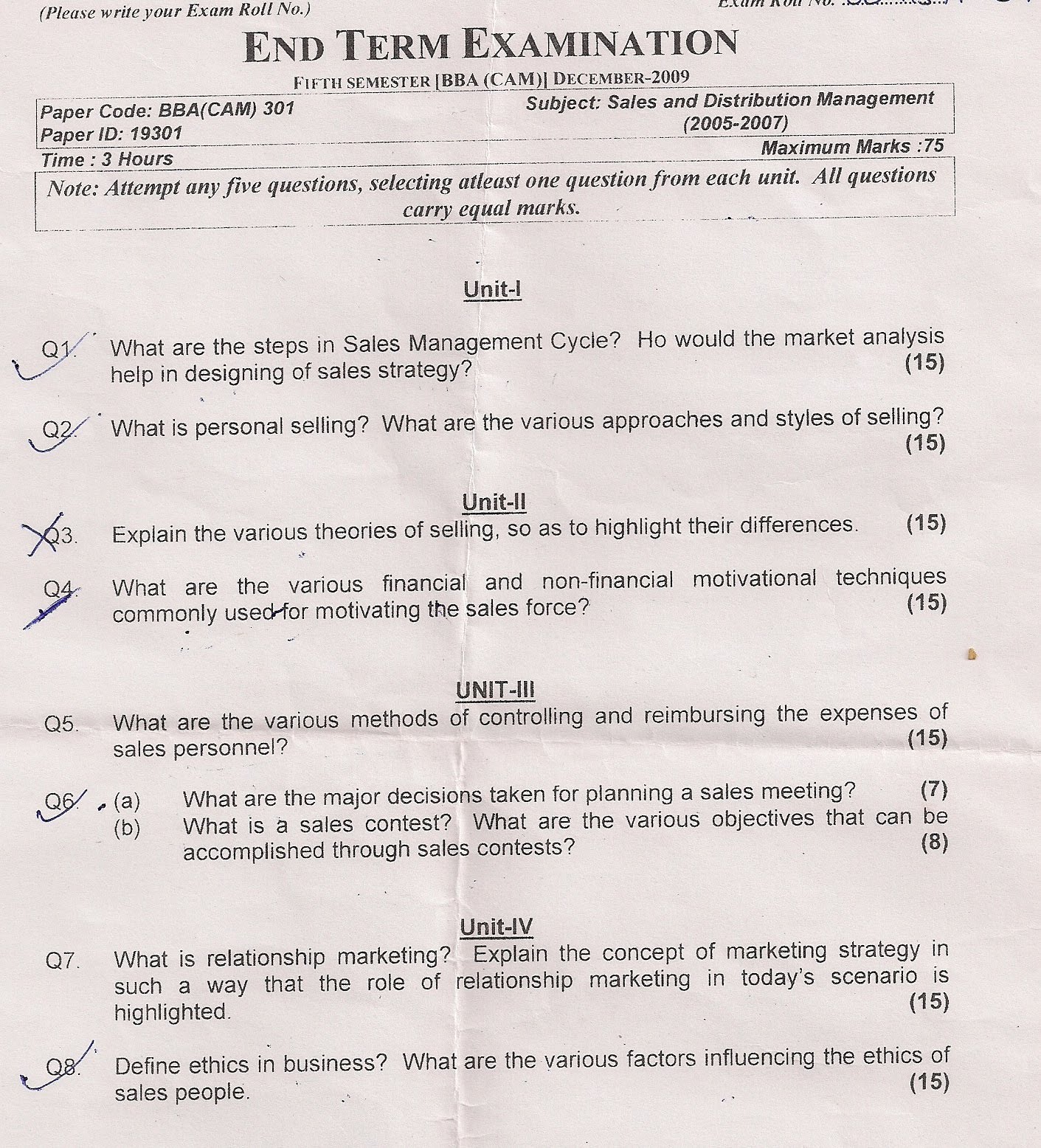 Marketing management model question paper bba